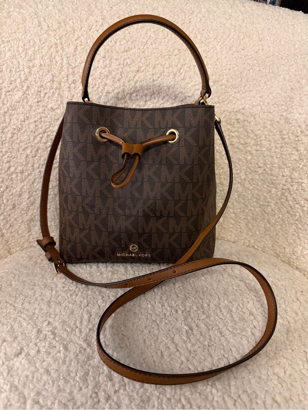 Michael Kors Brown MK Signature Drawstring Bucket Bag